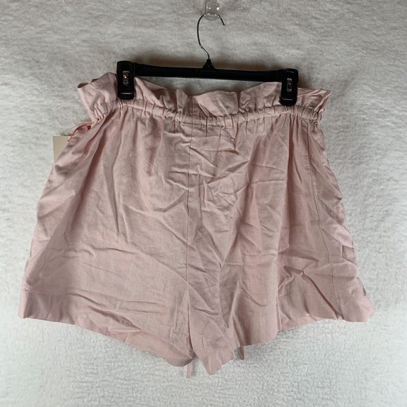 Open Edit Shorts Women Size L Pink PaperBag Waist‎ Drawstring Pockets Linen 6386 - Picture 2 of 8